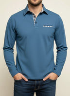 Men's Long-Sleeve Casual Polo Shirt Light Blue