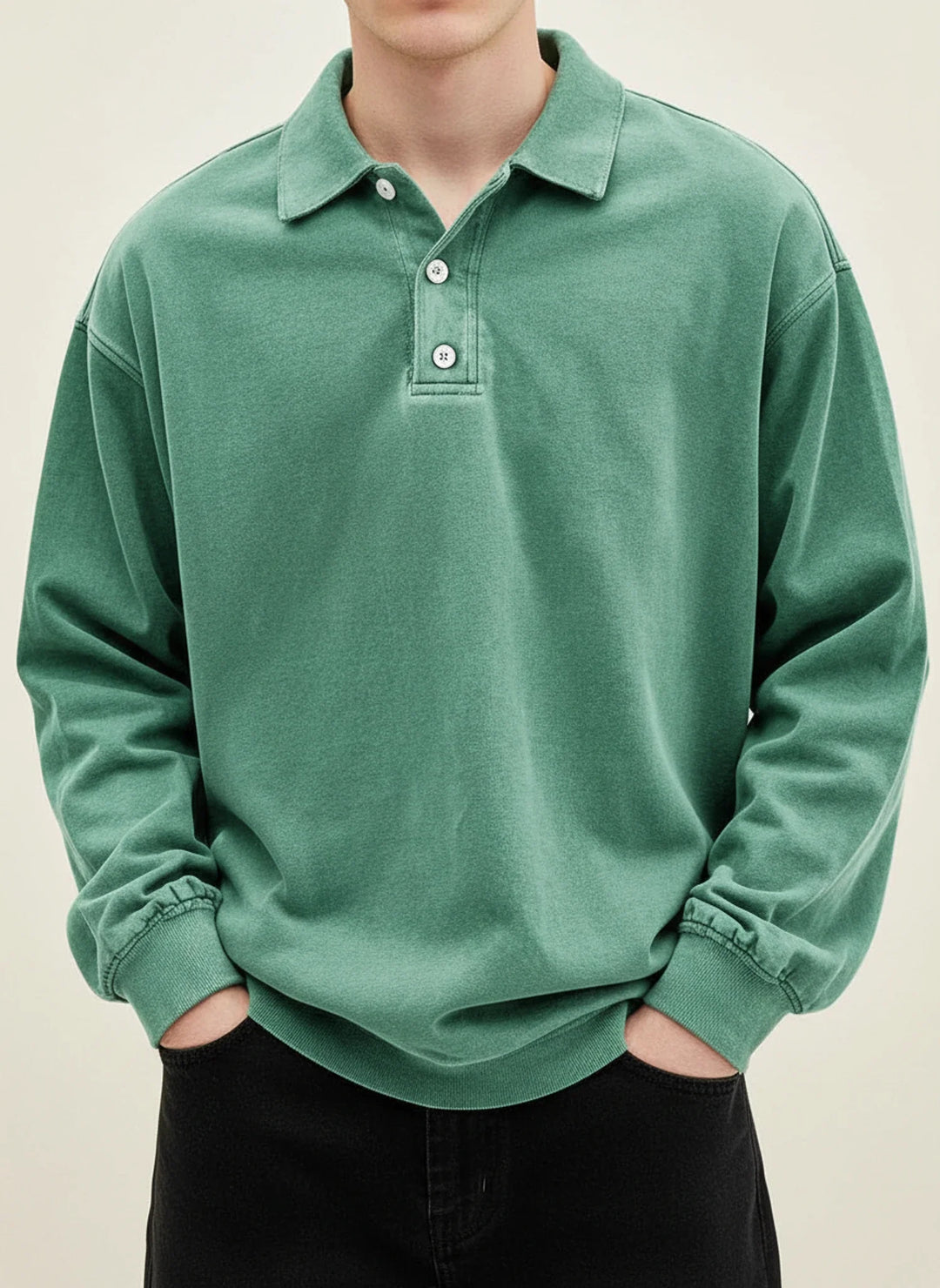 Men's Vintage Style Long Sleeve Polo Shirt Green
