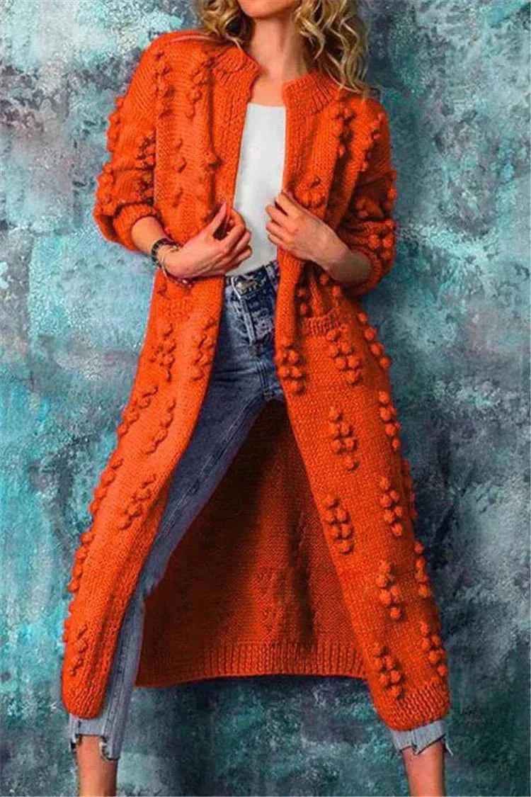 Women's Chunky Knit Long Cardigan - Open Front with Pompon Detail - Comfortable Fit Orange