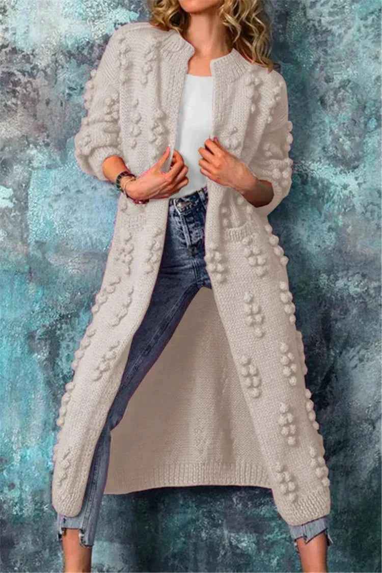 Women's Chunky Knit Long Cardigan - Open Front with Pompon Detail - Comfortable Fit Grey