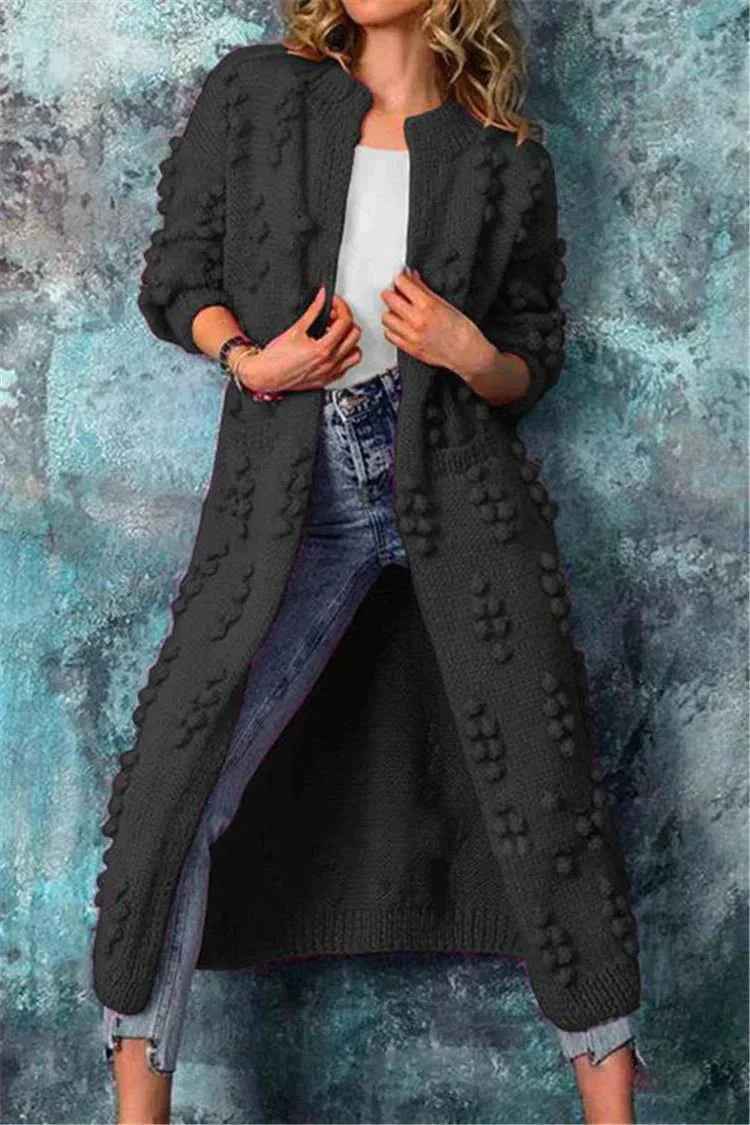 Women's Chunky Knit Long Cardigan - Open Front with Pompon Detail - Comfortable Fit