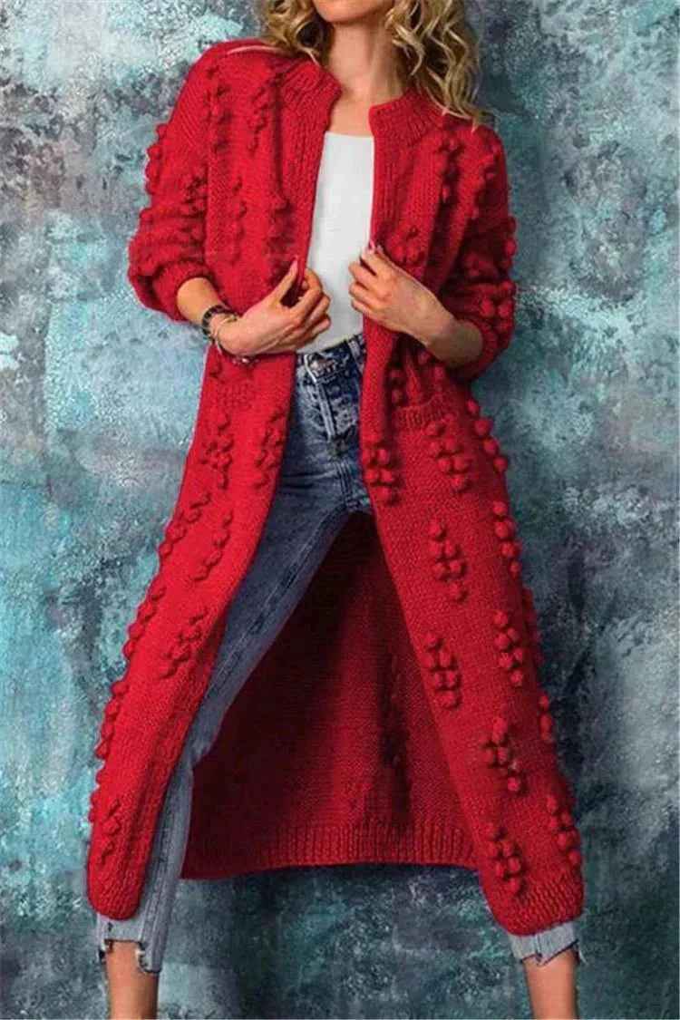 Women's Chunky Knit Long Cardigan - Open Front with Pompon Detail - Comfortable Fit