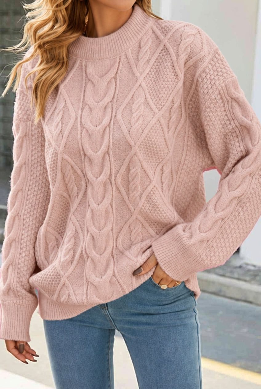 Women's Acrylic Crewneck Oversized Relaxed Fit Textured Sweater Pink One Size