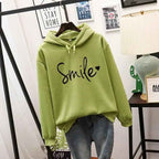 Women's Relaxed Fit Hoodie with Smile Graphic - Long Sleeve Casual Streetwear Green