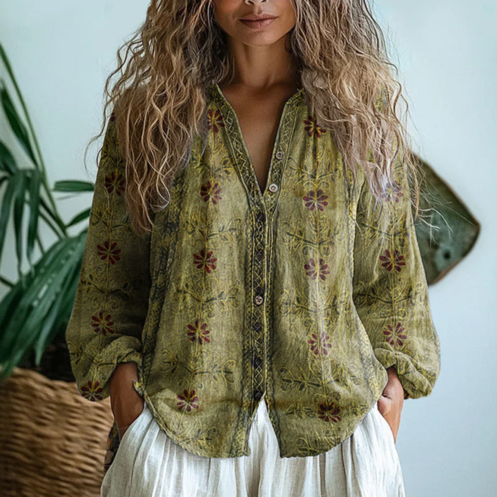 Women's Contrast-Trim Button-Down Blouse Light Olive Green