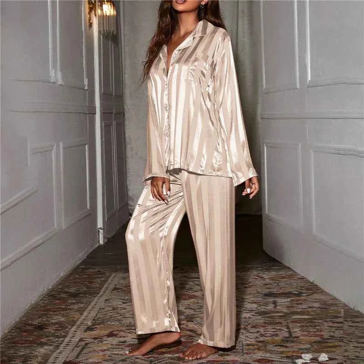 Women's Satin Striped Long Sleeve Pyjama Set - Luxury Nightwear Beige