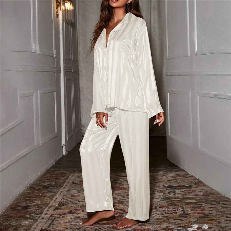Women's Satin Striped Long Sleeve Pyjama Set - Luxury Nightwear White