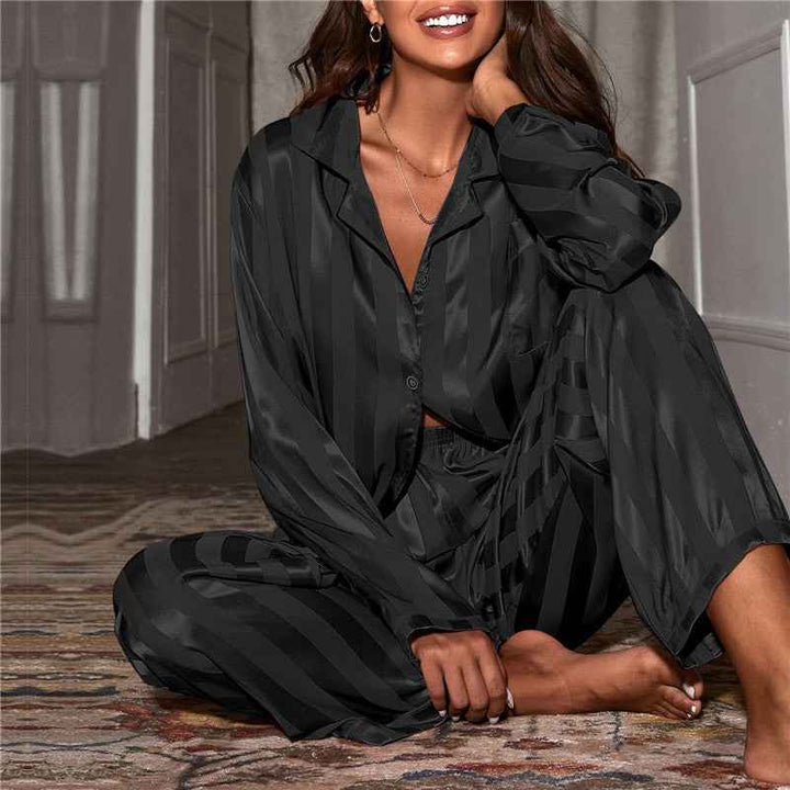 Women's Satin Striped Long Sleeve Pyjama Set - Luxury Nightwear Black