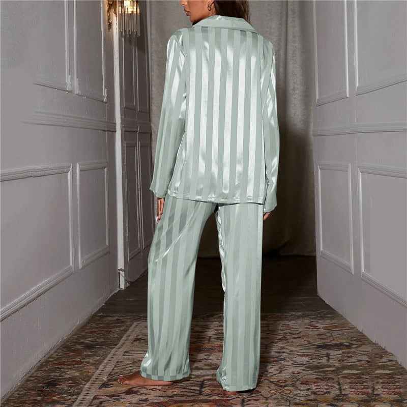 Women's Satin Striped Long Sleeve Pyjama Set - Luxury Nightwear
