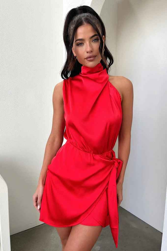 Women's Satin Look Mini Dress - Halter Neck, Sleeveless, Bow Detail