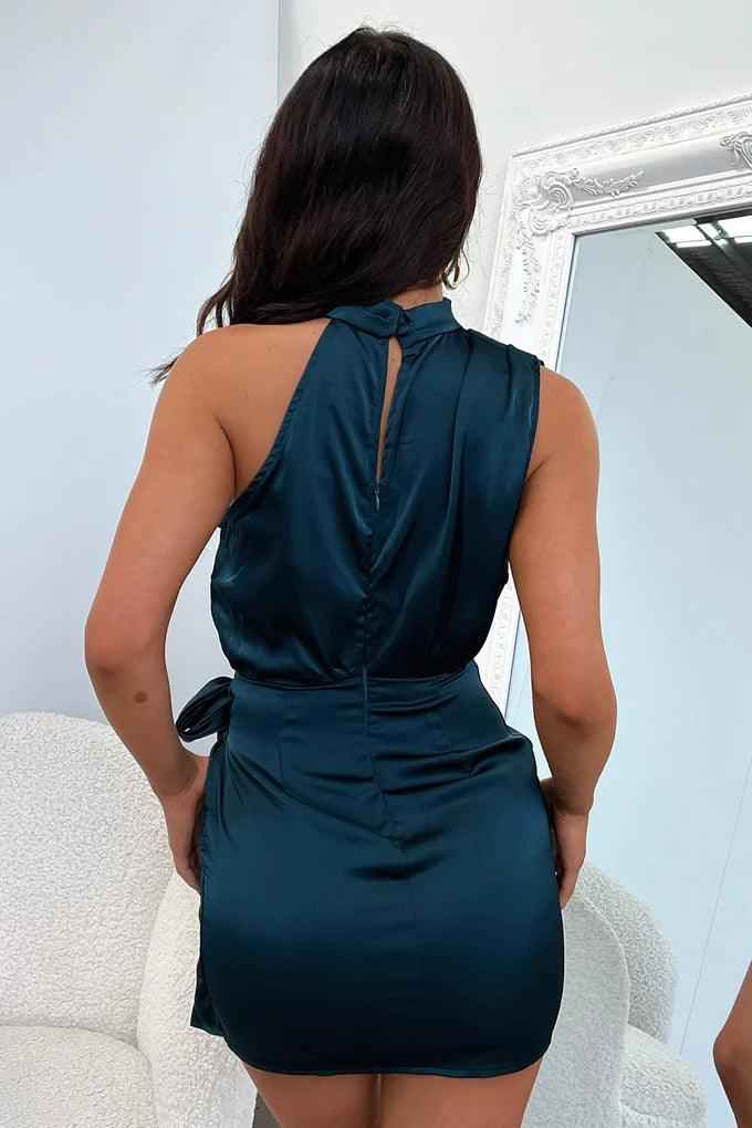 Women's Satin Look Mini Dress - Halter Neck, Sleeveless, Bow Detail