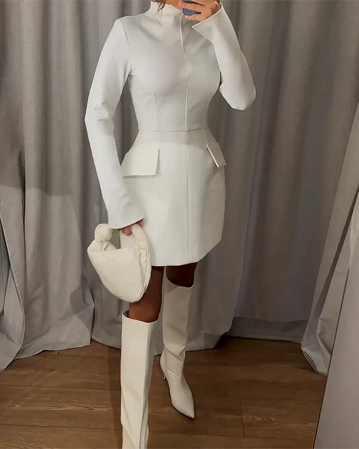 Noemi | Stylish Women's Mini Dress – High Neck & Long Sleeve White