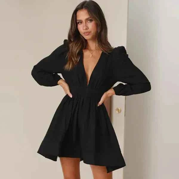 Women's Elegant Long Sleeve Playsuit - Deep V-Neck Tailored Fit Black