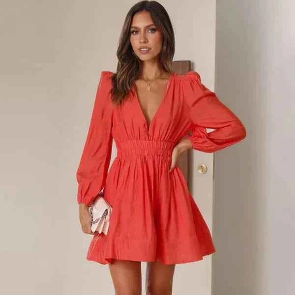 Women's Elegant Long Sleeve Playsuit - Deep V-Neck Tailored Fit Red