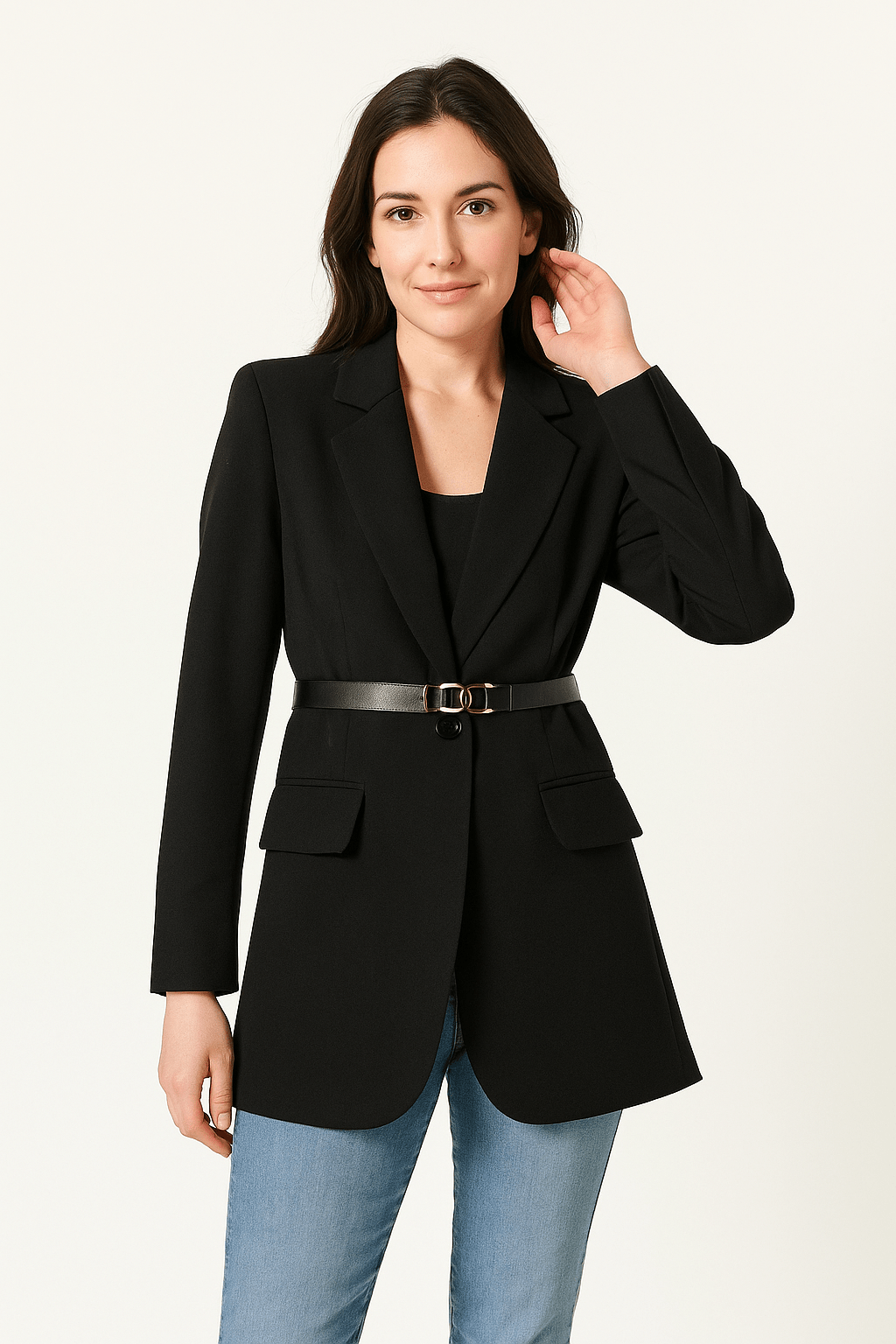 Women's Tailored Blazer with Belt – Long Sleeve Business Style Black