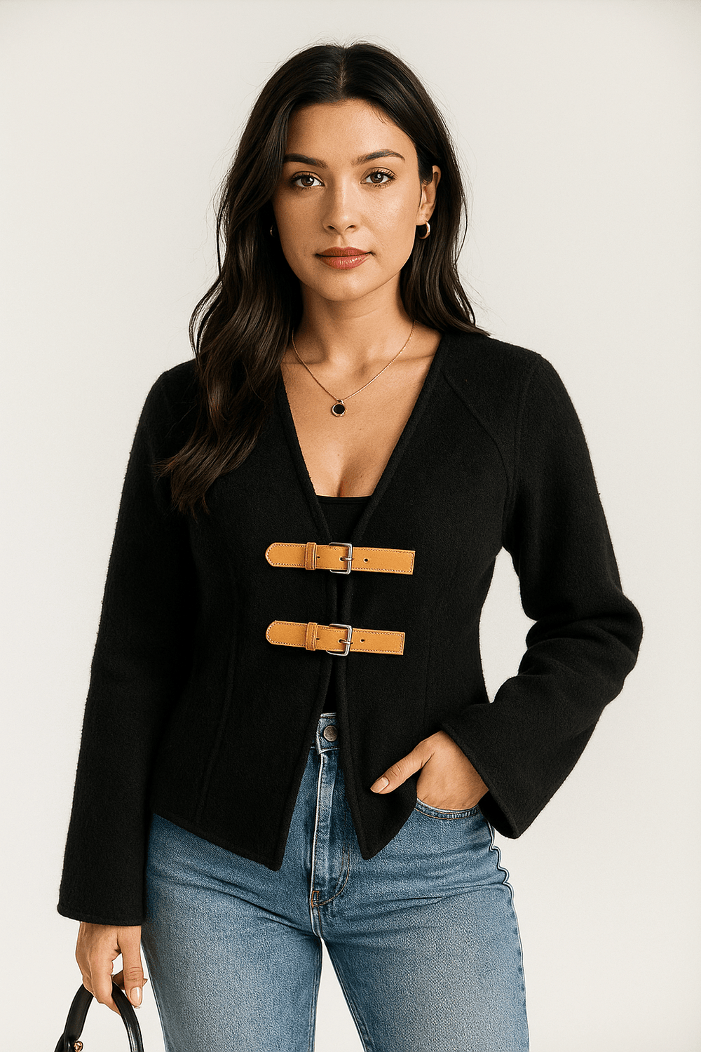 Women's Tailored Wool Blazer – V-Neck with Buckle Closure Black
