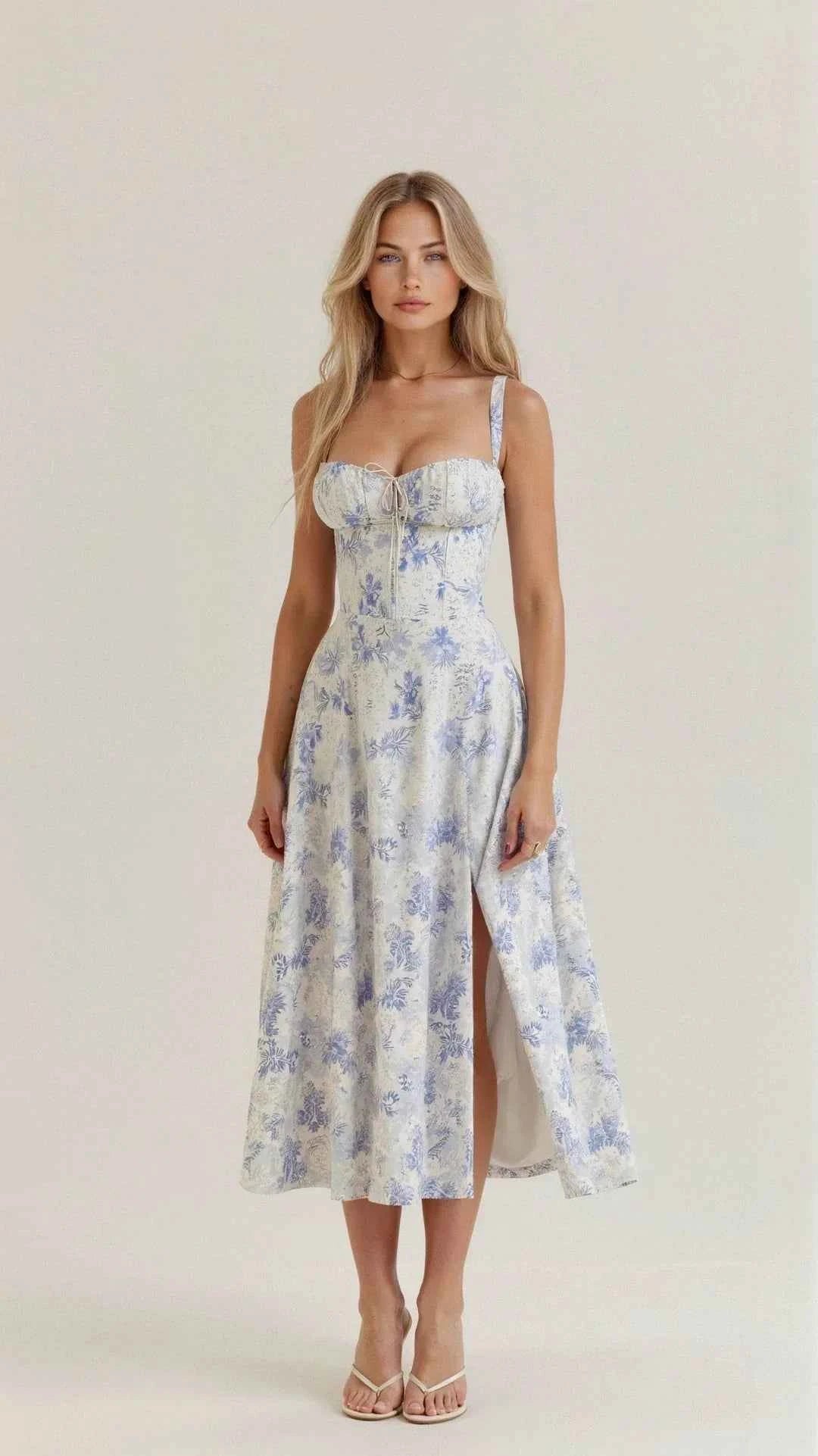 Nora | Elegant Floral Bustier Midriff Waist Shaper Dress Blue