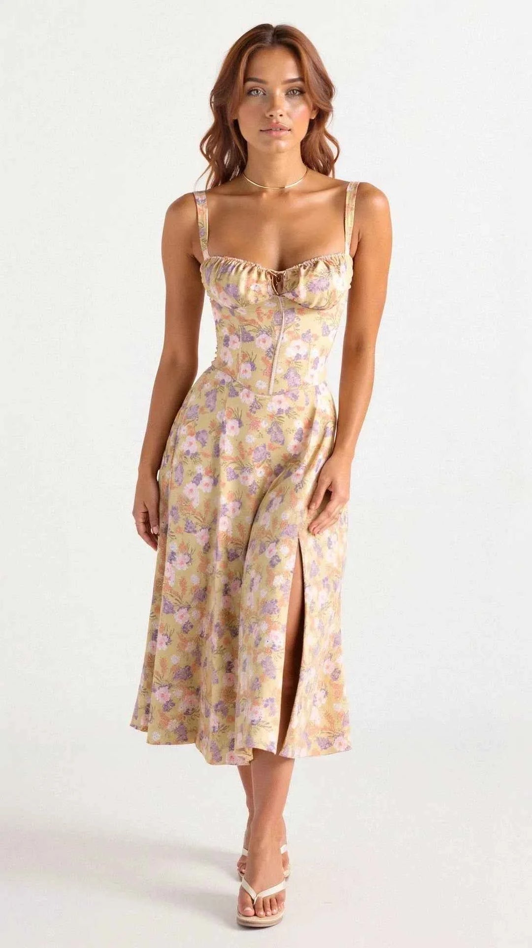 Nora | Elegant Floral Bustier Midriff Waist Shaper Dress Yellow - Flower Print