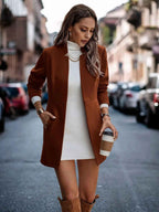 Women's Tailored Blazer – Open Front – Long Sleeve – Midi Length Brown