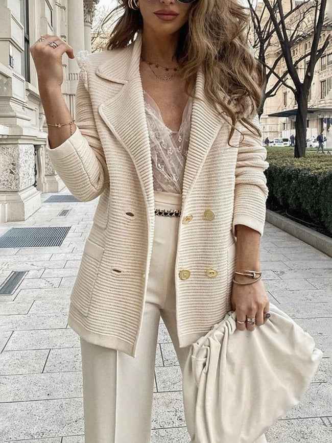Women's Tailored Blazer – Textured Fabric – Double-Breasted Design – Notched Lapel Beige