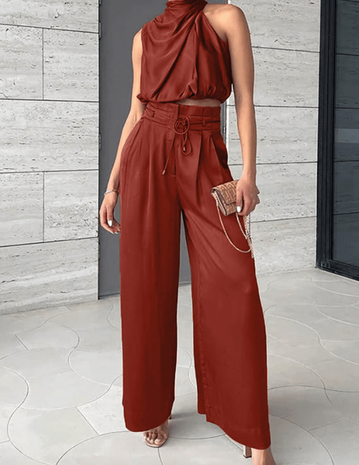 Women's Elegant Two-Piece Set – Halter Crop Top & High Waist Wide Leg Pants Red