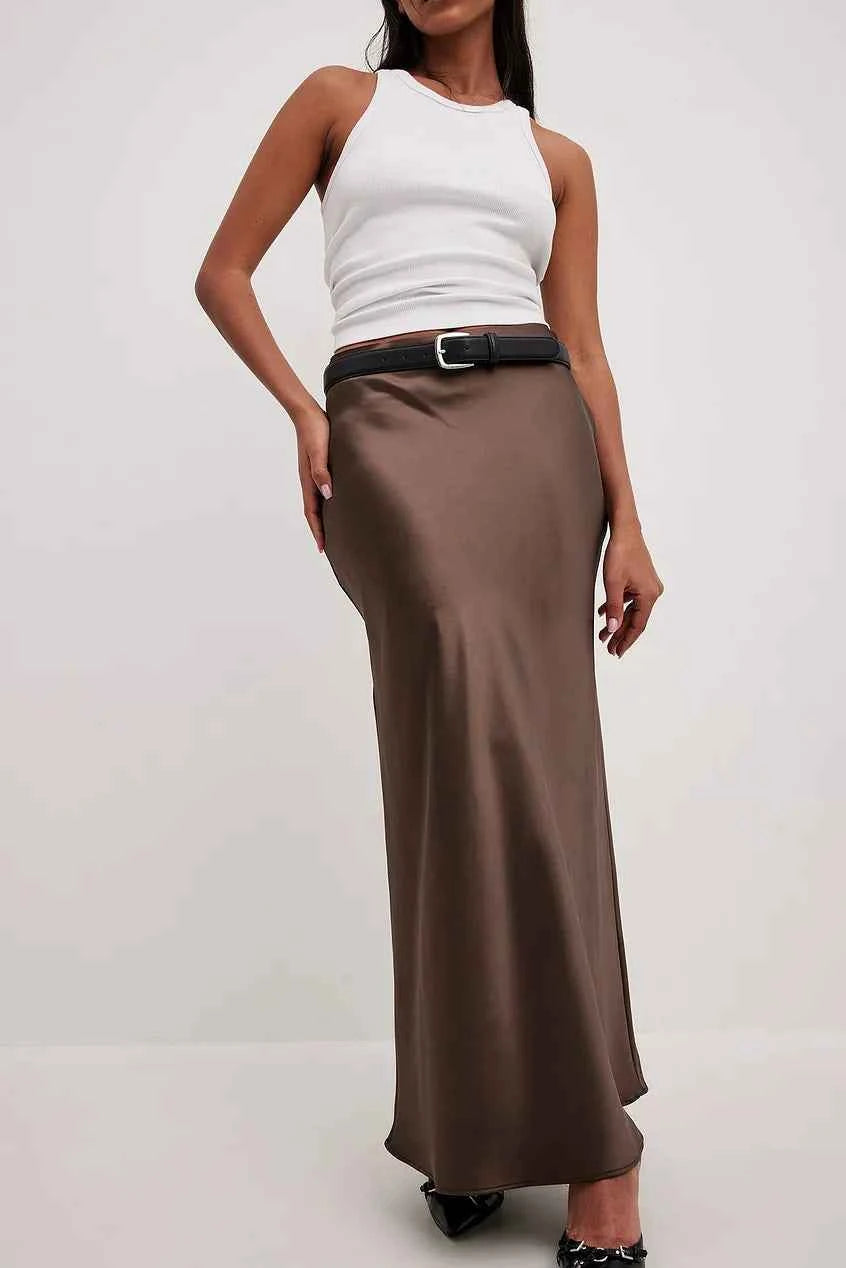Women's A-Line Satin Maxi Skirt – Elegant Long Design with Shiny Finish Brown