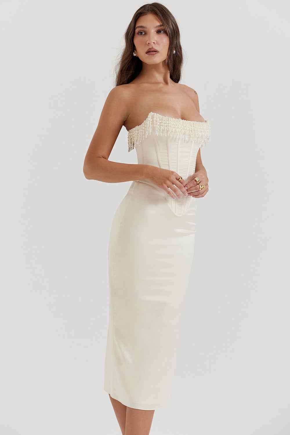 Women's Slim Fit Strapless Midi Dress – Luxury Satin Corset Style White