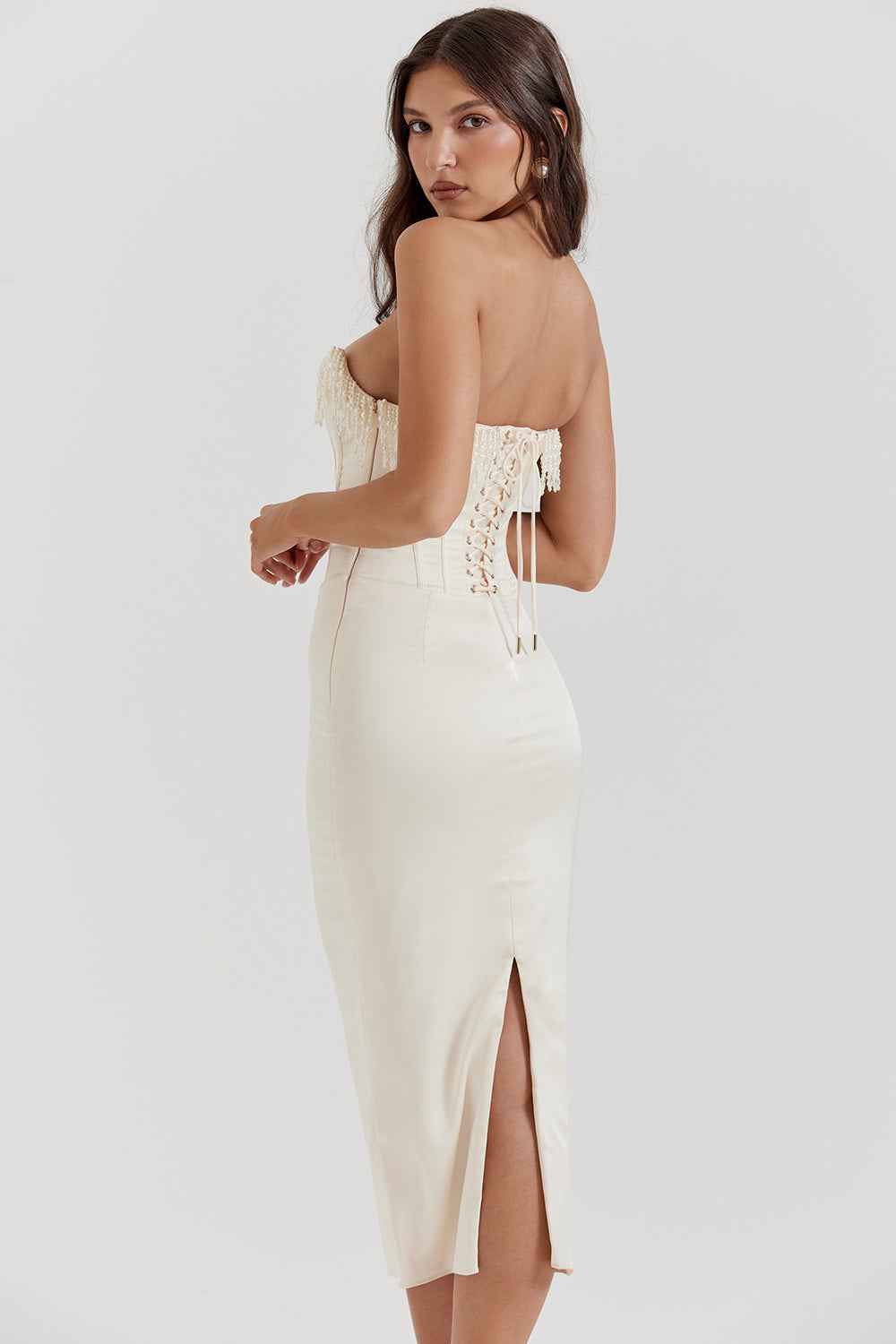 Women's Slim Fit Strapless Midi Dress – Luxury Satin Corset Style