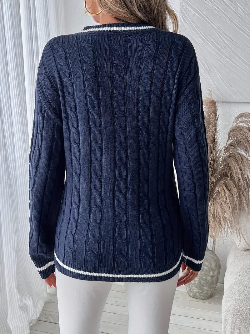 Women's Cotton V-neck Ribbed Cable-knit Sweater Winter Essential