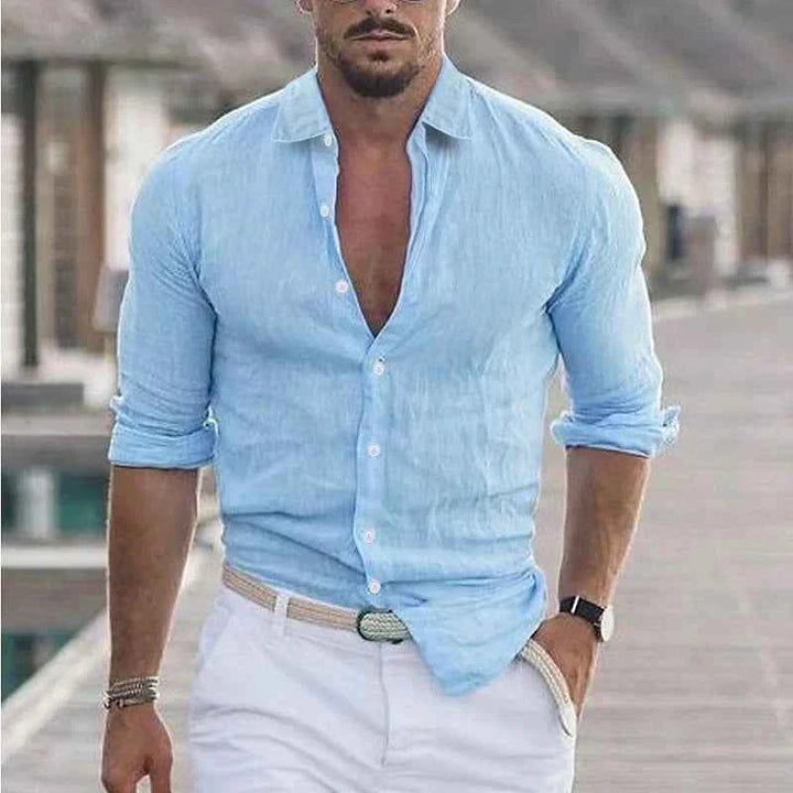 Men's Linen Shirt with Classic Turn-Down Collar Light Blue