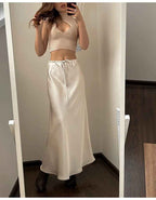 Women's Elegant Satin Look Maxi Skirt - Adjustable Waist & Flowy Fit Beige