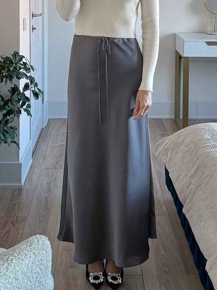 Women's Elegant Satin Look Maxi Skirt - Adjustable Waist & Flowy Fit