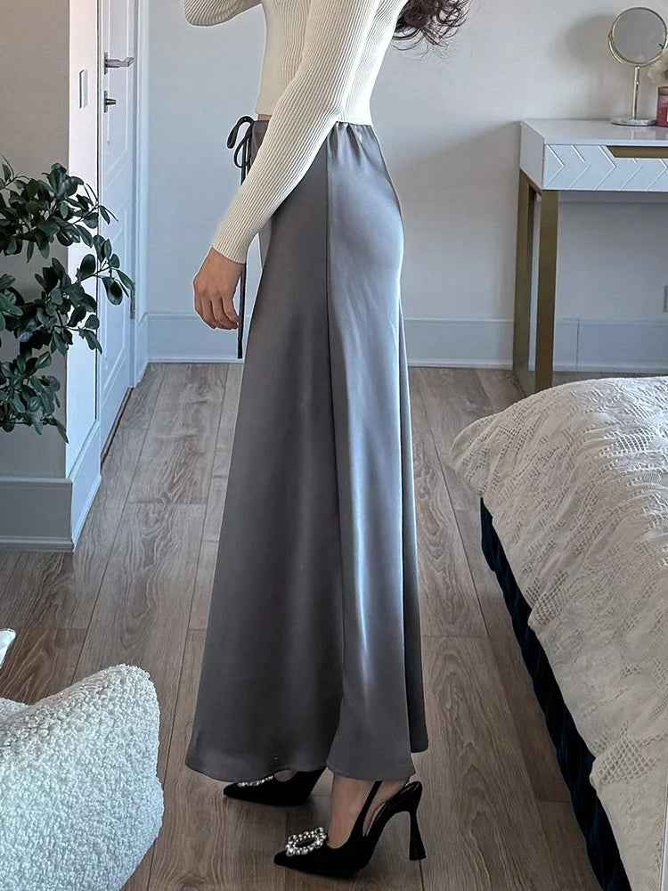 Women's Elegant Satin Look Maxi Skirt - Adjustable Waist & Flowy Fit