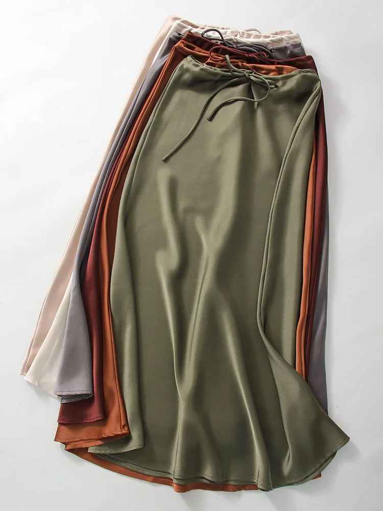 Women's Elegant Satin Look Maxi Skirt - Adjustable Waist & Flowy Fit