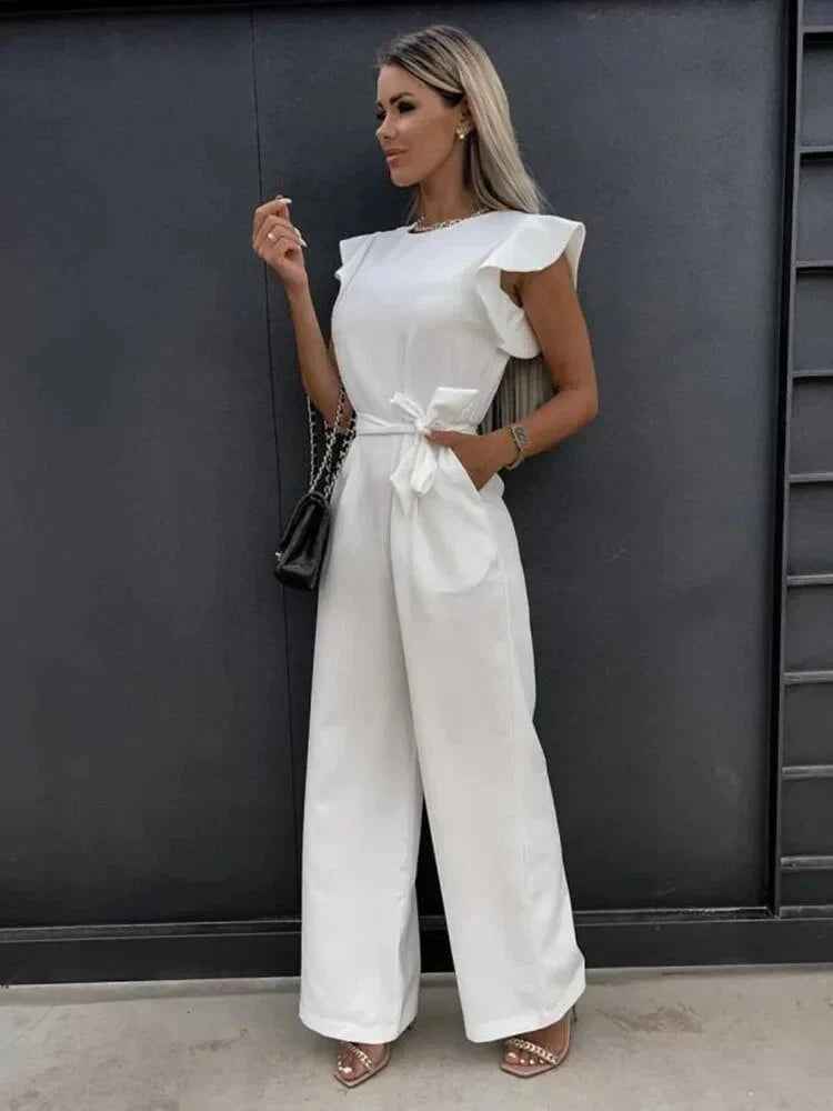 Noelle | Women's Wide Leg Tie Waist Jumpsuit White