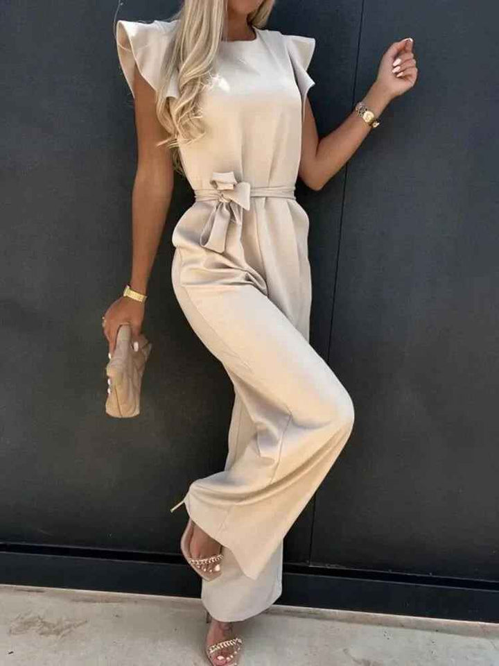 Noelle | Women's Wide Leg Tie Waist Jumpsuit Beige