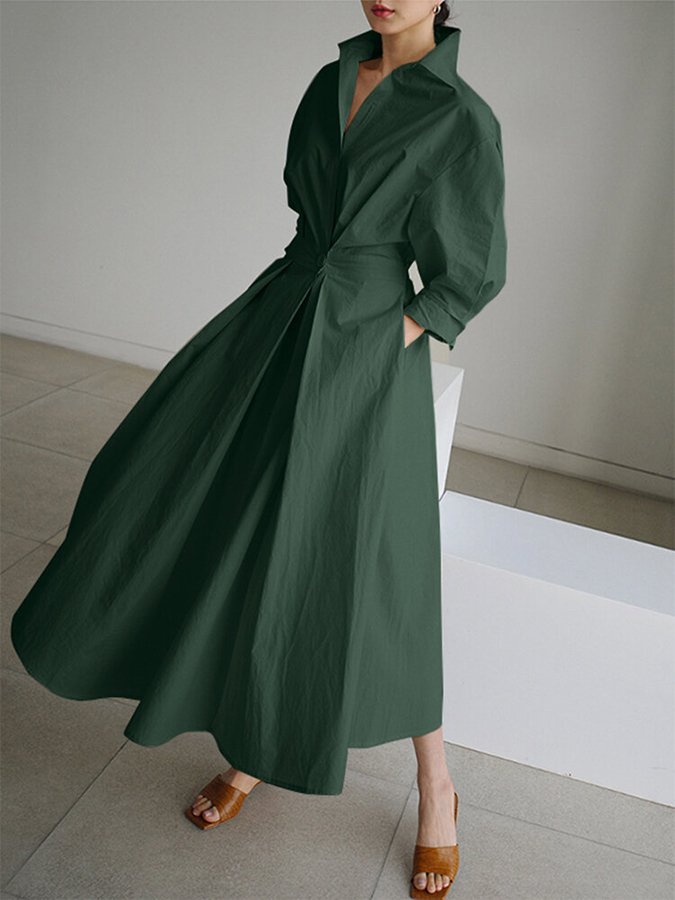 Women's A-Line Midi Dress with Long Sleeves and V-Neck – Lightweight and Fitted Army Green