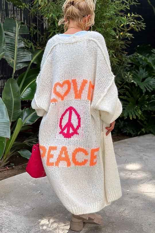 Women's Vintage Oversized Cardigan with 'Love & Peace' Print | Perfect for Autumn/Winter White