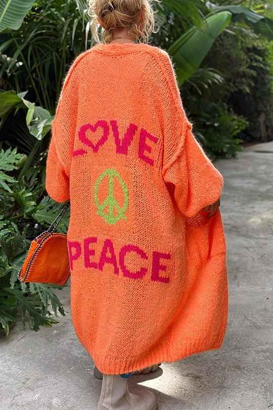 Women's Vintage Oversized Cardigan with 'Love & Peace' Print | Perfect for Autumn/Winter Orange