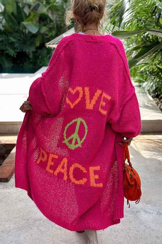 Women's Vintage Oversized Cardigan with 'Love & Peace' Print | Perfect for Autumn/Winter Pink