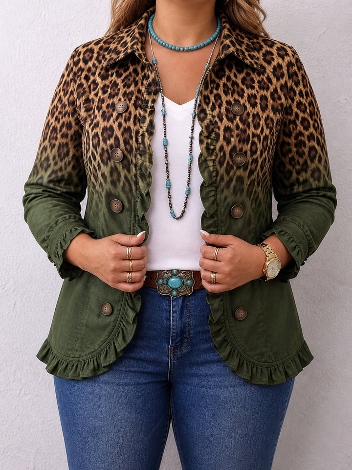 Women's Leopard Ombre Ruffle Double Breasted Jacket