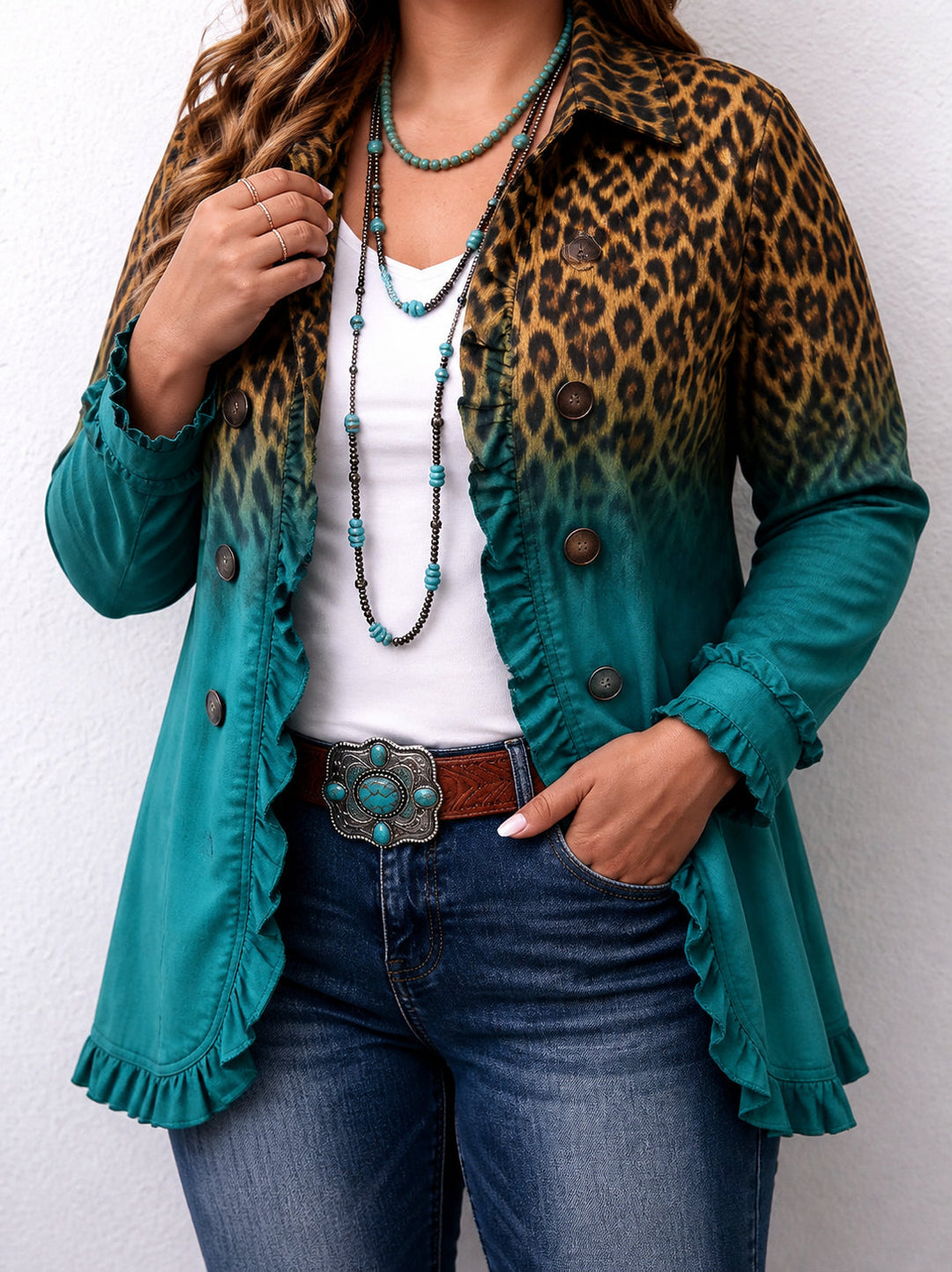 Women's Leopard Ombre Ruffle Double Breasted Jacket