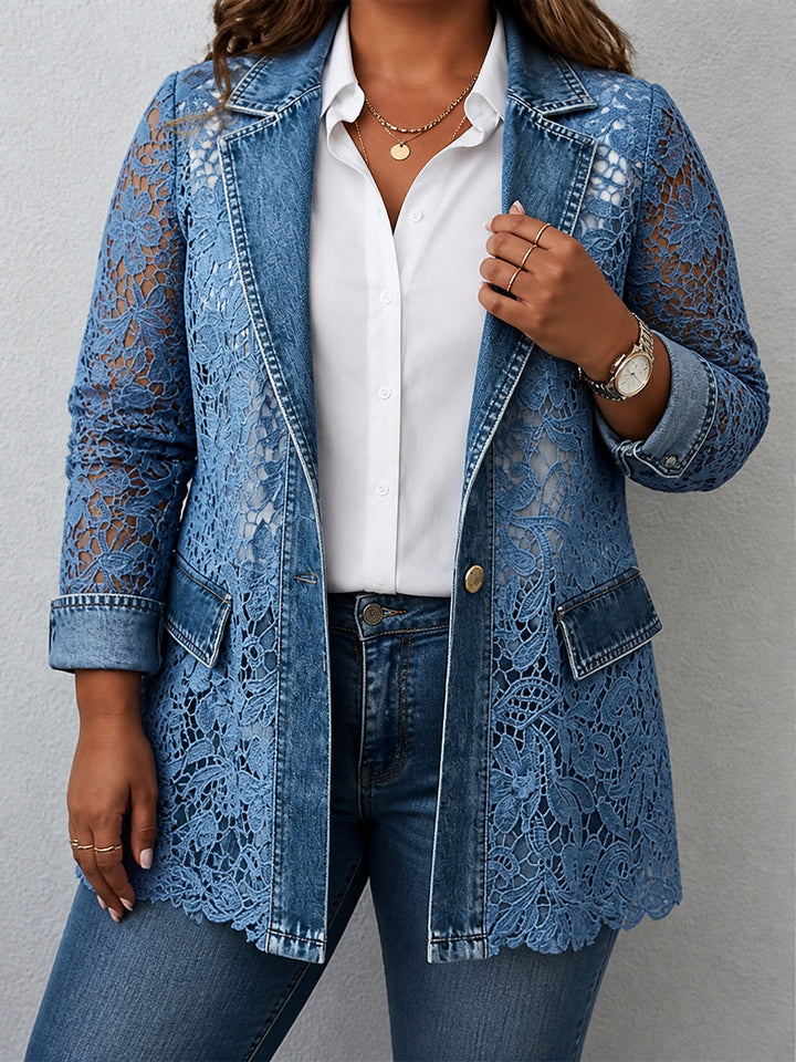 Women's Denim Blue Lace Inset Longline Blazer Jacket
