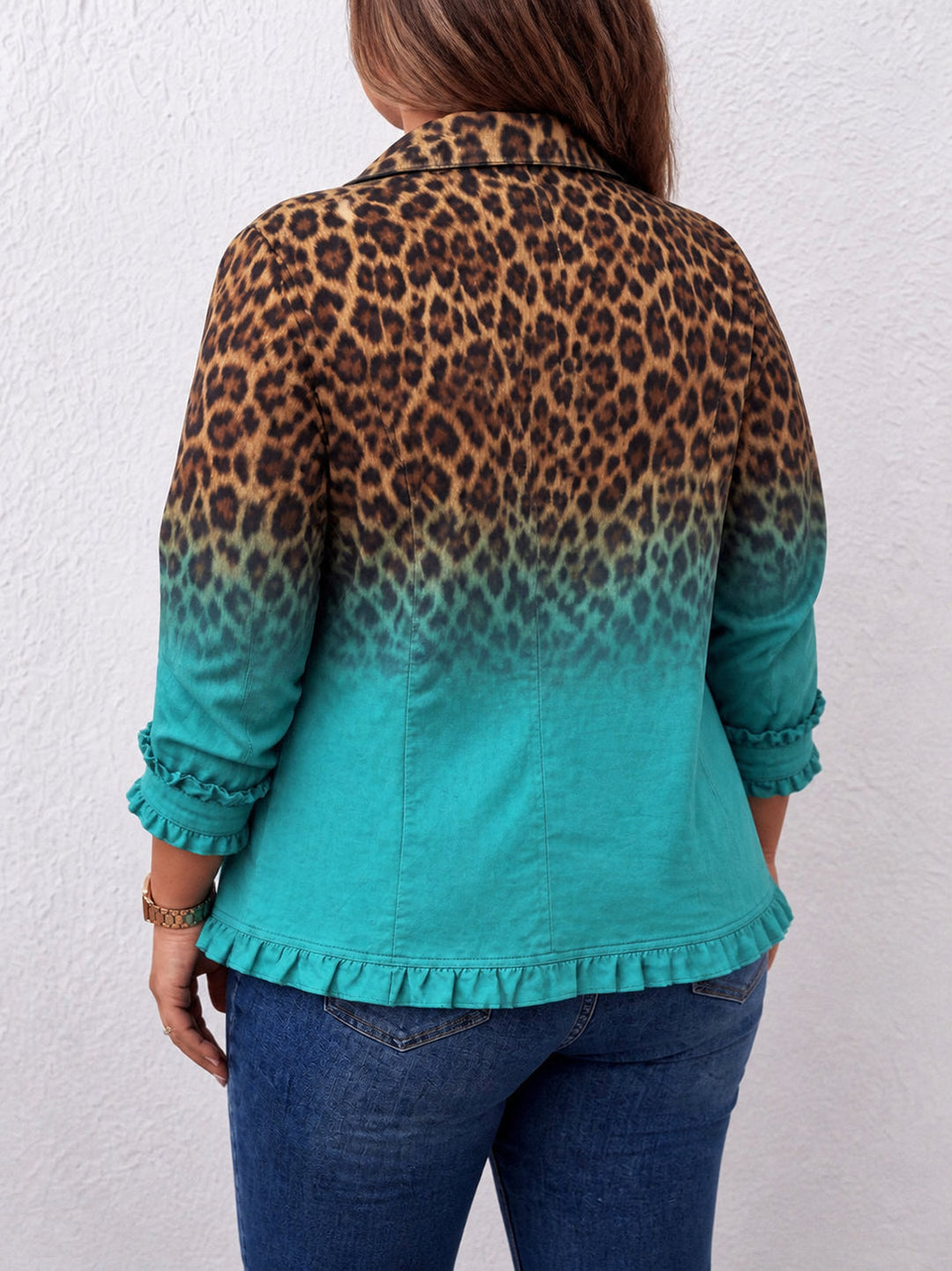 Women's Leopard Ombre Ruffle Double Breasted Jacket
