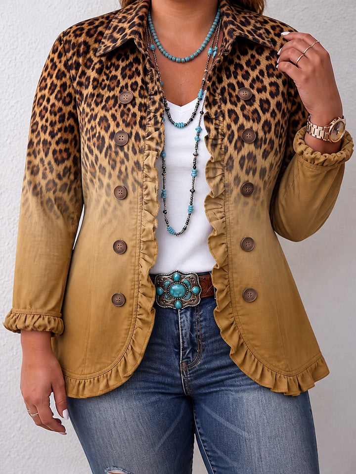 Women's Leopard Ombre Ruffle Double Breasted Jacket