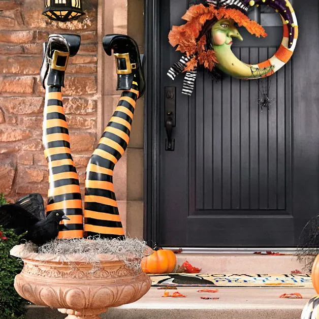 Halloween's Witch Leg Yard Stakes with Striped Design and Golden Boots, Set of 2 Yellow and Black