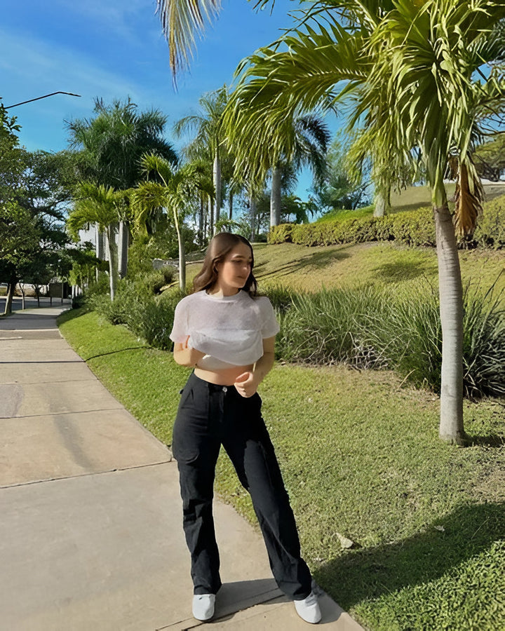 Women's Cotton Blend Cargo Pants with Adjustable Waist and Pockets Black