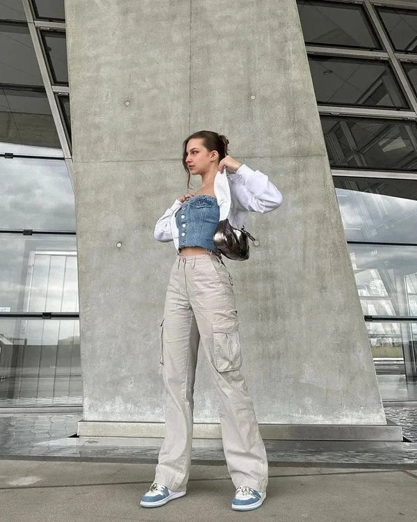 Women's Cotton Blend Cargo Pants with Adjustable Waist and Pockets Light Gray