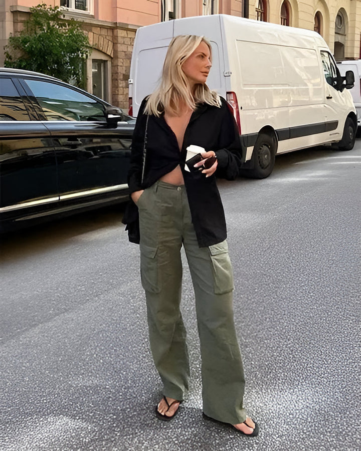 Women's Cotton Blend Cargo Pants with Adjustable Waist and Pockets Green