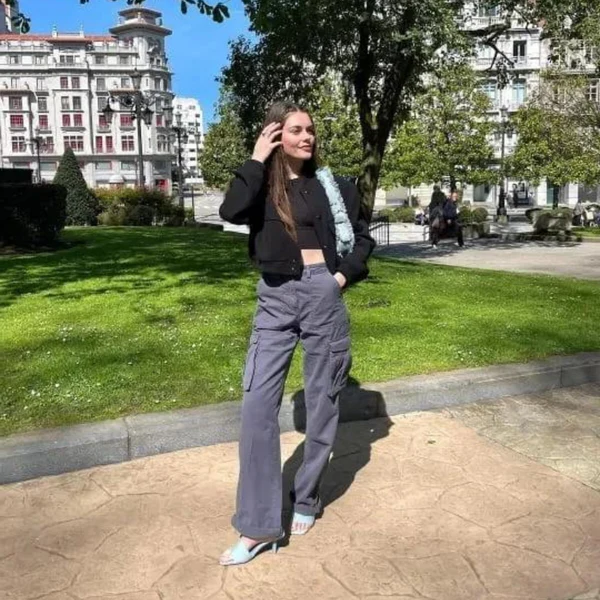 Women's Cotton Blend Cargo Pants with Adjustable Waist and Pockets Dark Gray